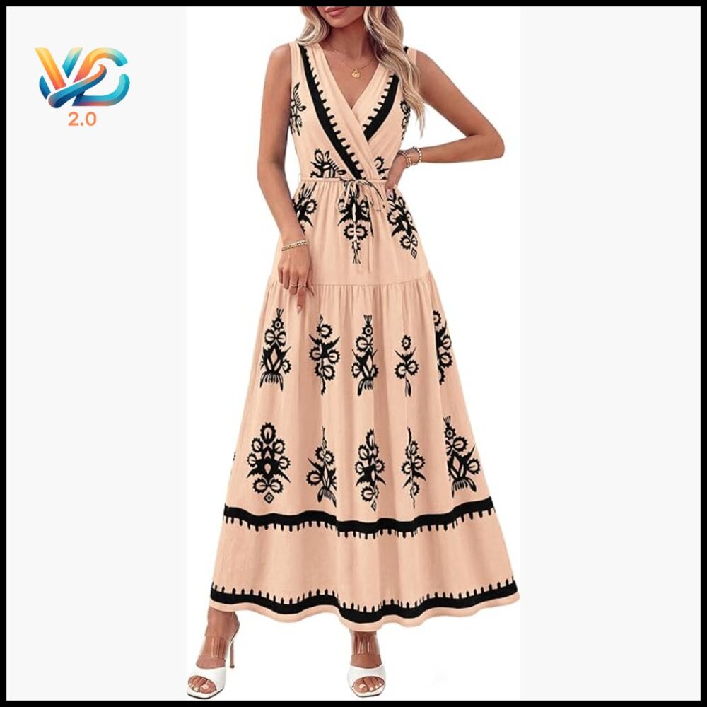 Sleeveless V-Neck Maxi Dress With Belt, Floral Print, Boho Style